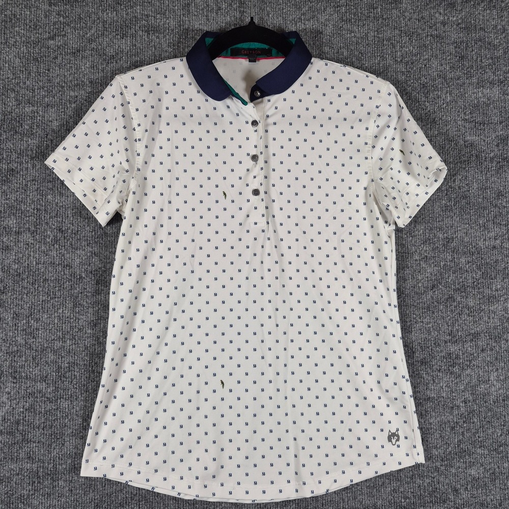 Greyson Polo Shirt Golf Performance Logo Print Small White Navy Blue